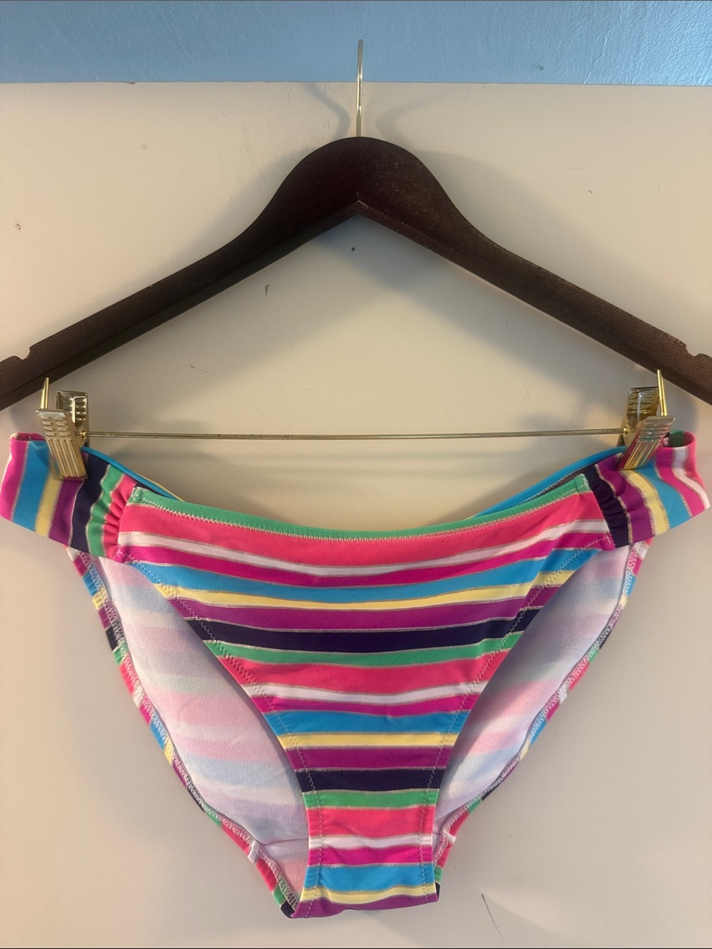 Mariemeili Women’s Striped Multicolor Cheeky Bikini Bottom Sz L New